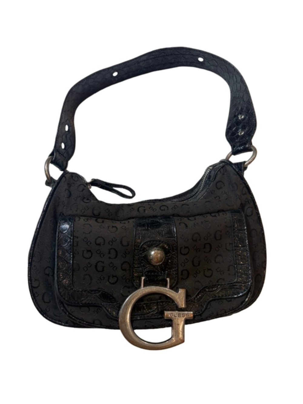 Guess Y2K Black Logo Baguette Shoulder Bag Faux Croc Large G Hardware